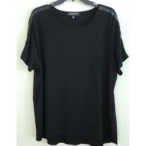 TOP-JONES NEW YORK-Black-Faux Leather Strips-Knit-Cap Sleeves-Size 2XL